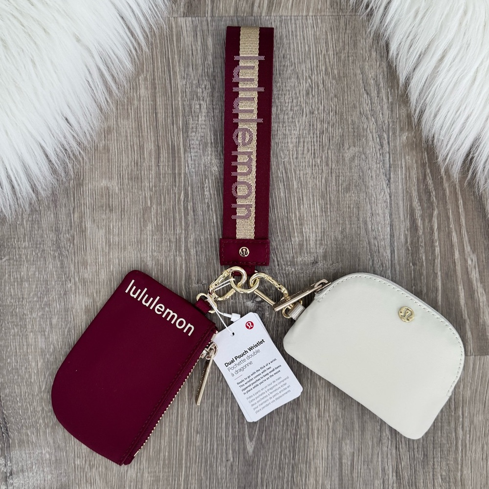 ❤️⭐️LULULEMON Dual Pouch Wristlet Wordmark Deep Luxe/Gold/Bone